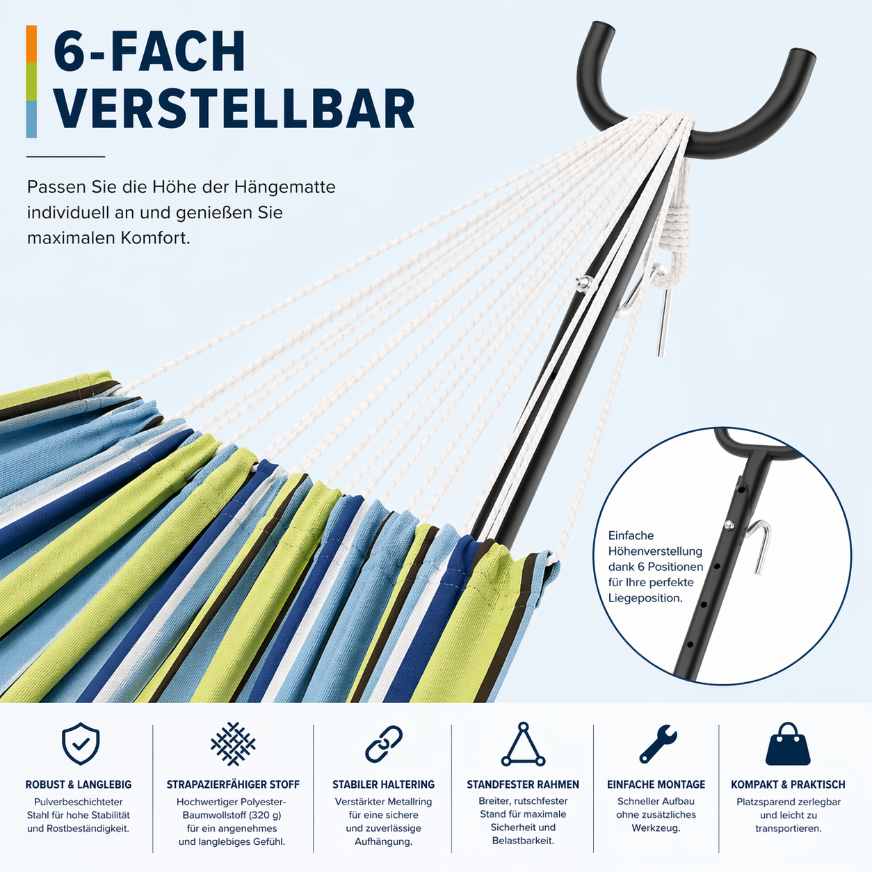 Doppel-Hängematte mit Gestell für 2 Personen – Outdoor & Indoor – Tragbare Gartenhängematte mit Stahlrahmen, 200 kg belastbar, inkl. Tragetasche