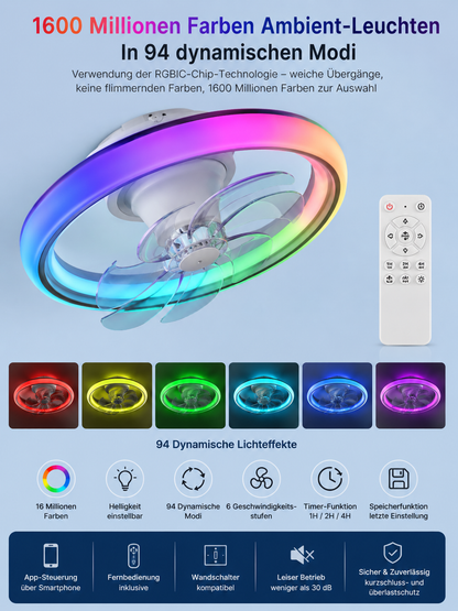 Deckenventilator mit LED Beleuchtung, RGB-Licht & Bluetooth-Lautsprecher