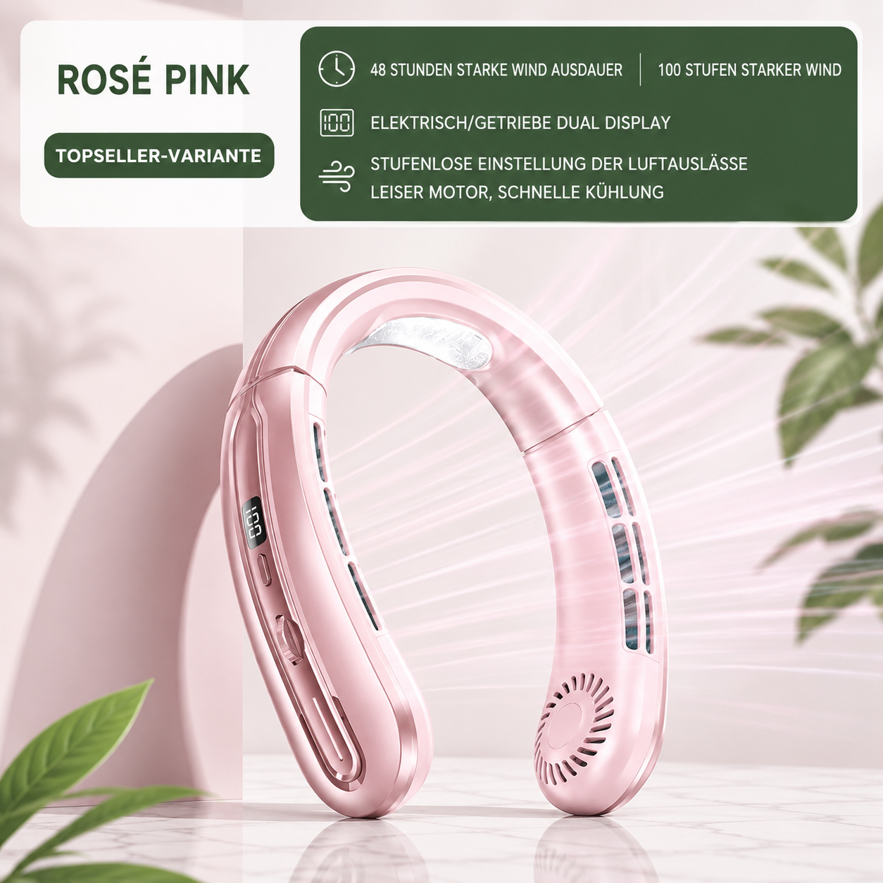 Tragbarer Nackenventilator in Rosa für Reisen, Büro und heiße Sommertage
