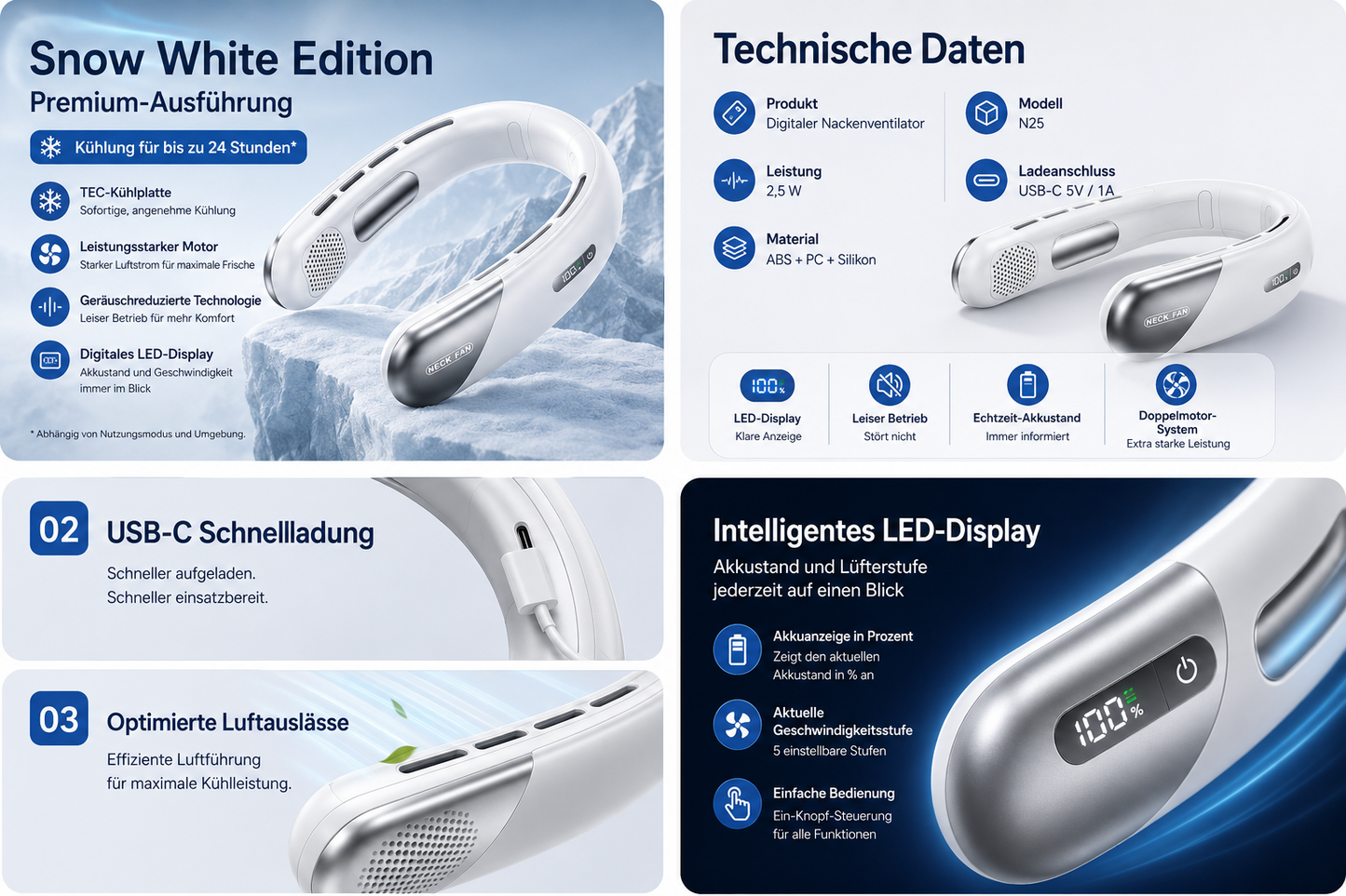 Leiser Tragbarer Nackenventilator mit USB-Akku und LED-Anzeige