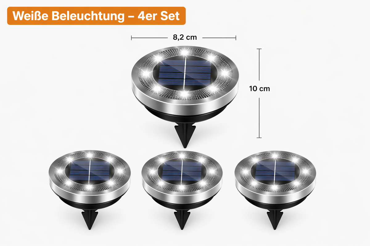 Solar-Bodenleuchten IP65 im 4er Set auf weißem Hintergrund