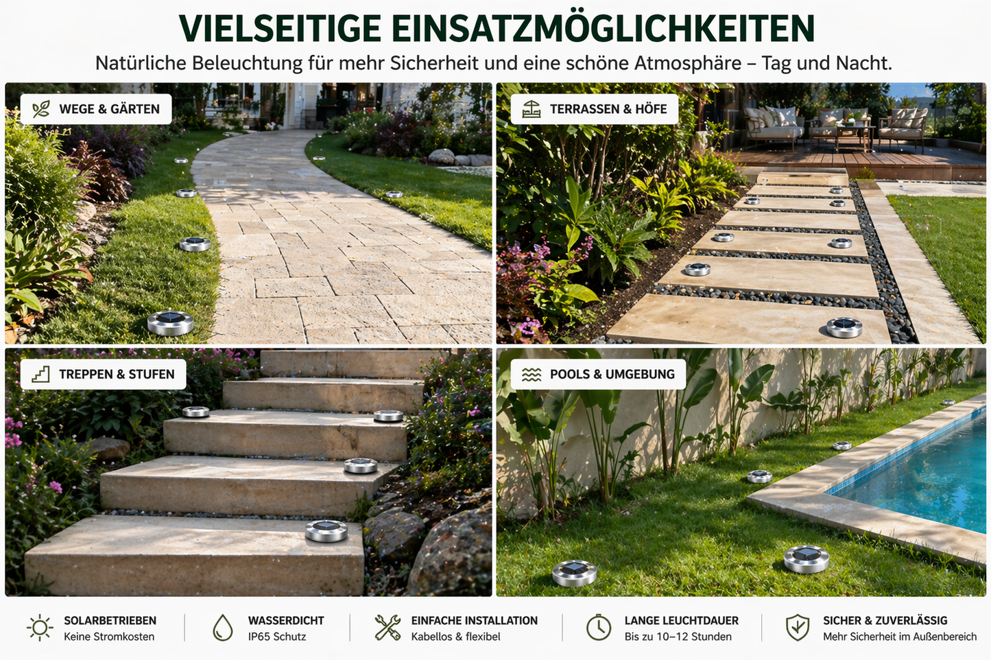 Solar-Bodenleuchten IP65 – Wasserdichte Gartenleuchten für Außenbereich, Terrasse, Hof & Rasen