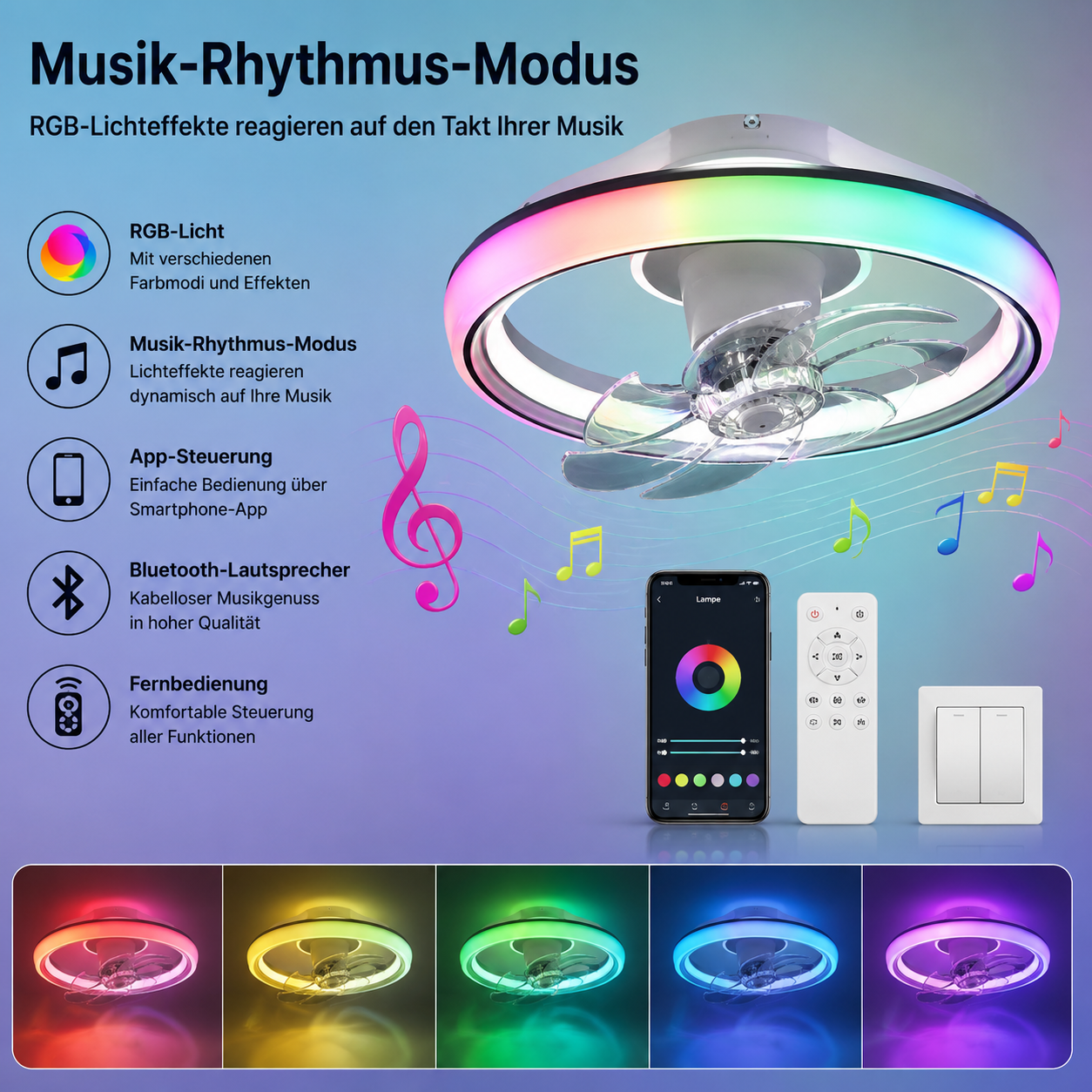 Deckenventilator mit LED Beleuchtung, RGB-Licht & Bluetooth-Lautsprecher