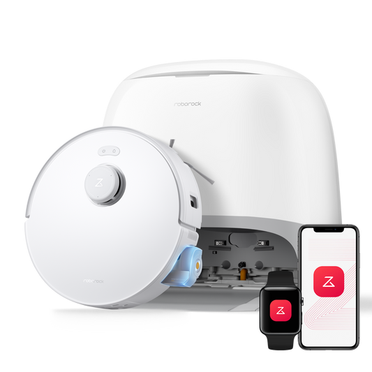 Roborock Qrevo Curv 2 Flow Saug- und Wischroboter neben der Dockingstation