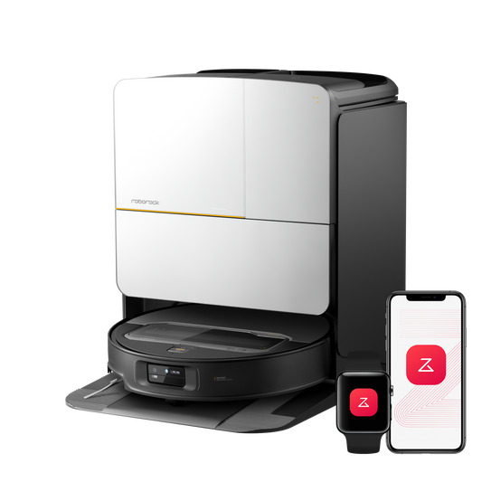 Roborock Saros Z70 in Weiß mit Multifunktions-Dock, Smartphone und Smartwatch