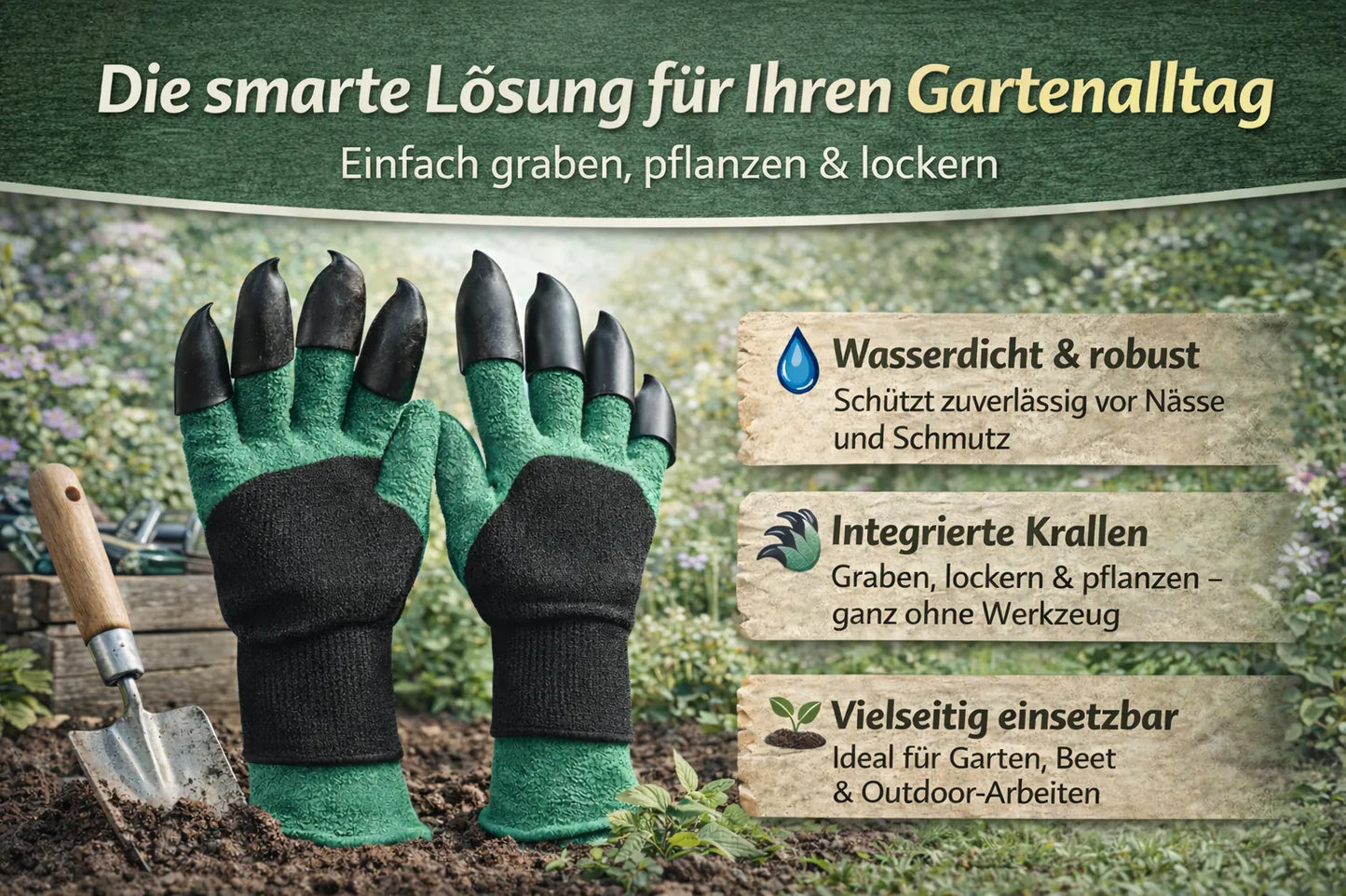Gartenhandschuhe mit Krallen – Graben, Pflanzen & Unkraut entfernen ohne Werkzeug