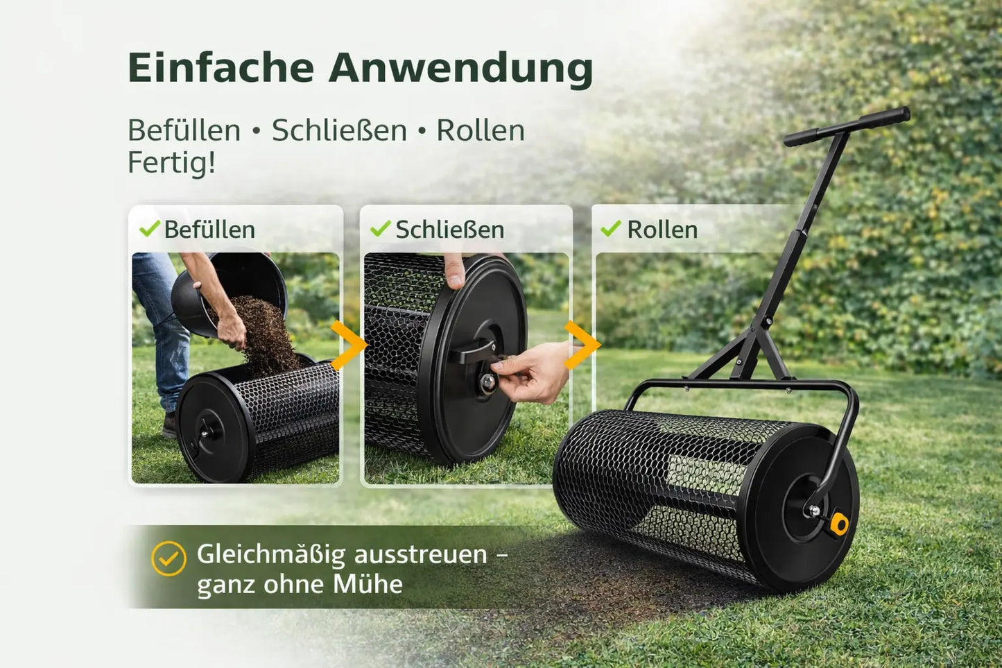 Torfstreuer für Rasen aus Metall – Gleichmäßig Sand, Dünger & Saatgut verteilen