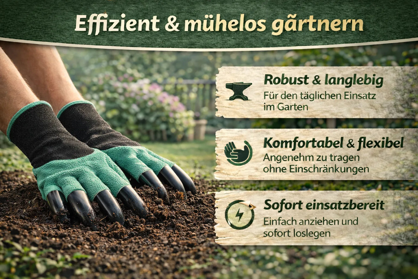 Gartenhandschuhe mit Krallen – Graben, Pflanzen & Unkraut entfernen ohne Werkzeug