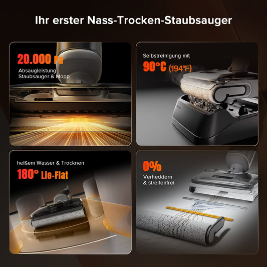 Roborock F25 GT bei der Reinigung verschiedener Verschmutzungen auf Hartböden