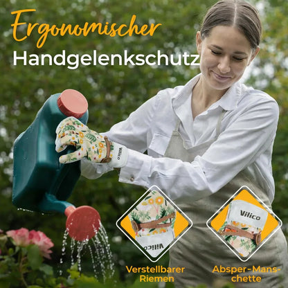 Gartenhandschuhe für Damen bei der Gartenarbeit mit Handwerkzeug