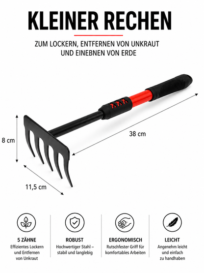 Gartenwerkzeug Set 4-teilig – 5-Zahn-Rechen zur Bodenlockerung