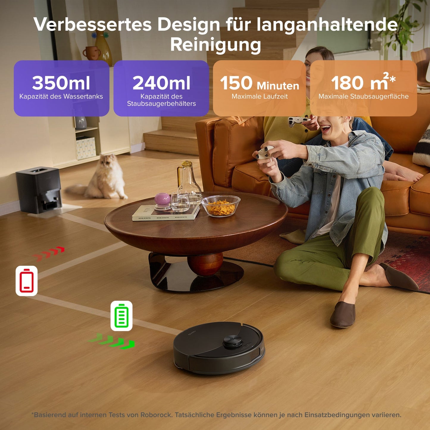 Roborock Q10 S5+ Saug- und Wischroboter bei der Reinigung verschiedener Bodenbereiche