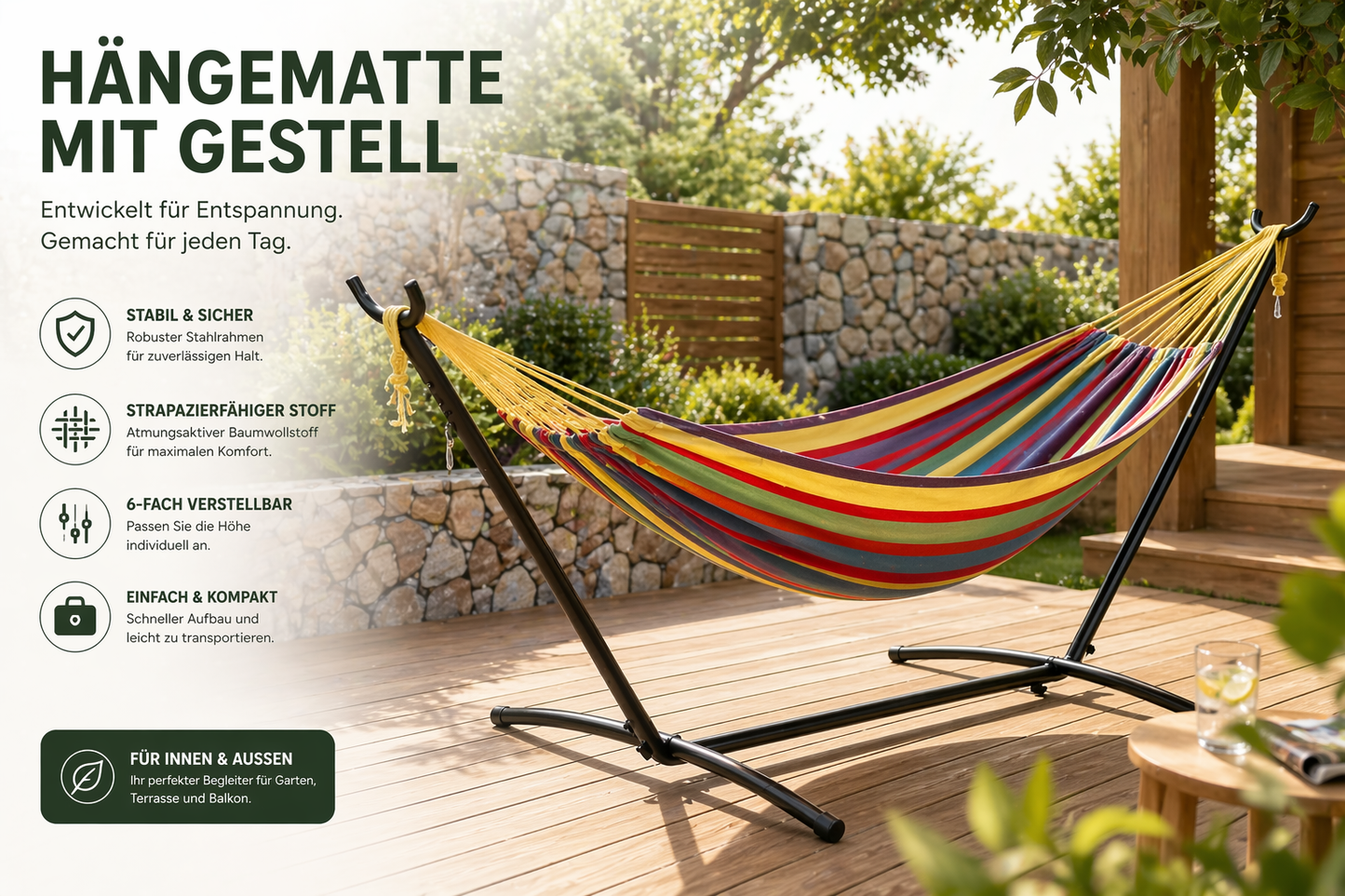 Doppel-Hängematte mit Gestell für 2 Personen – Outdoor & Indoor – Tragbare Gartenhängematte mit Stahlrahmen, 200 kg belastbar, inkl. Tragetasche