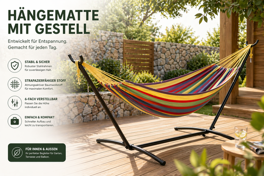 Doppel-Hängematte mit Gestell für 2 Personen – Outdoor & Indoor – Tragbare Gartenhängematte mit Stahlrahmen, 200 kg belastbar, inkl. Tragetasche