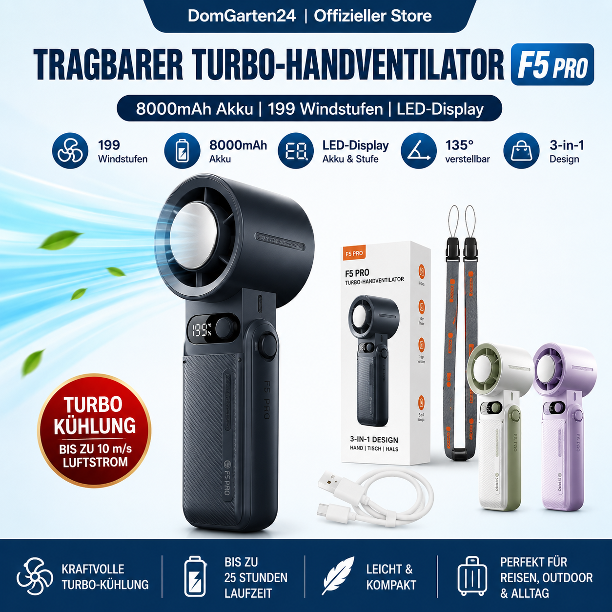 Tragbarer Turbo-Handventilator F5 Pro – 8000mAh Akku, 199 Windstufen & LED-Display