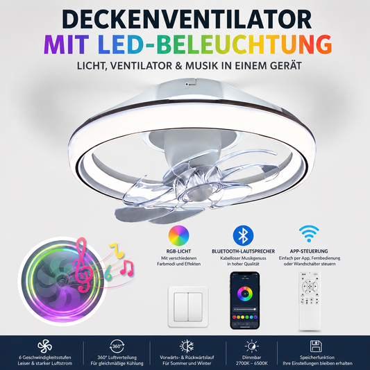 Deckenventilator mit LED Beleuchtung, RGB-Licht & Bluetooth-Lautsprecher