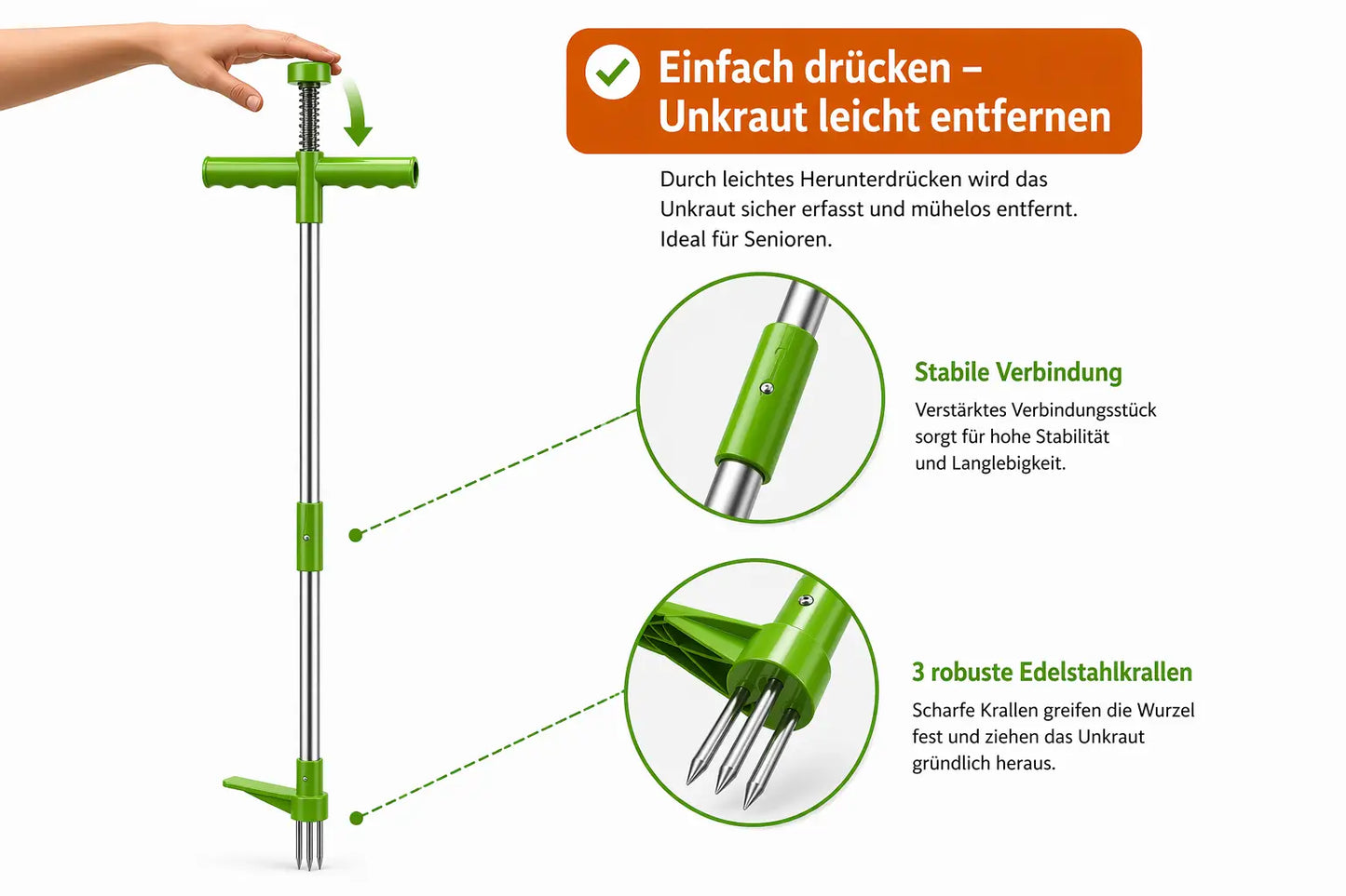 Ergonomischer Unkrautentferner mit langem Stiel – Unkraut dauerhaft ohne Bücken & ohne Chemie entfernen