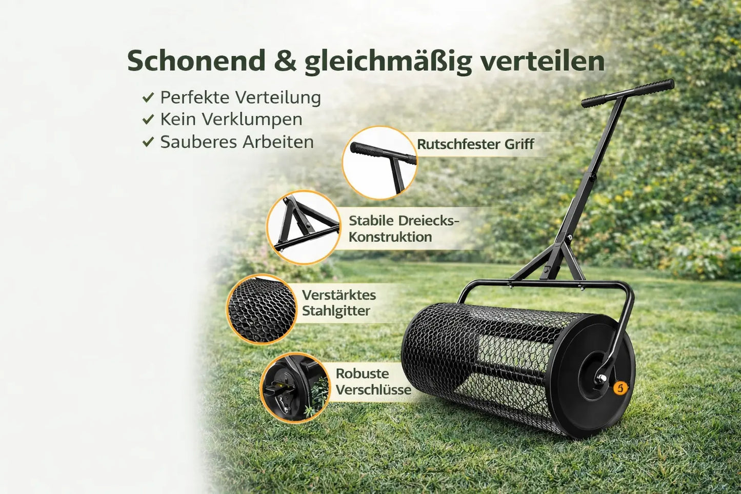 Torfstreuer für Rasen aus Metall – Gleichmäßig Sand, Dünger & Saatgut verteilen